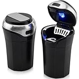 TAKAVU Car Ashtray (1-Pack), Easy Clean Up Detachable Stainless Car Ashtray with Lid Blue Led Light and Removable Lighter for Most Vehicle Cup Holder (Silver)