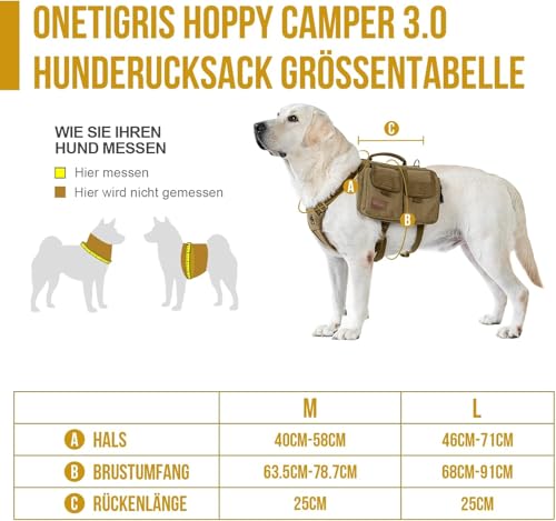 OneTigris Hundegeschirr mit Tasche, Hoppy Camper 3.0 Camping Wandern Hunderucksack für für Mittlere/Große Hunde, Rucksack für Hunderücken 2 Haupttaschen 4 Nebentaschen - Braun M