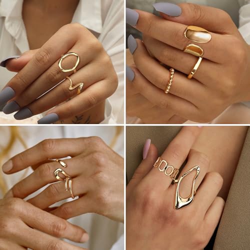 FIBO STEEL 9 Pcs Gold Chunky Rings for Women 18K Gold Plated Ring Set Dome Thick Open Rings Adjustable4