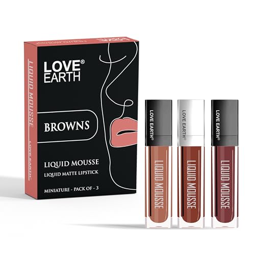Love Earth Liquid Mousse Lipstick Browns Matte Finish Mini Combo Pack | Lightweight, Non-Sticky, Non-Drying,Transferproof, Waterproof Lipstick Set | (2Ml X 3) 6ML