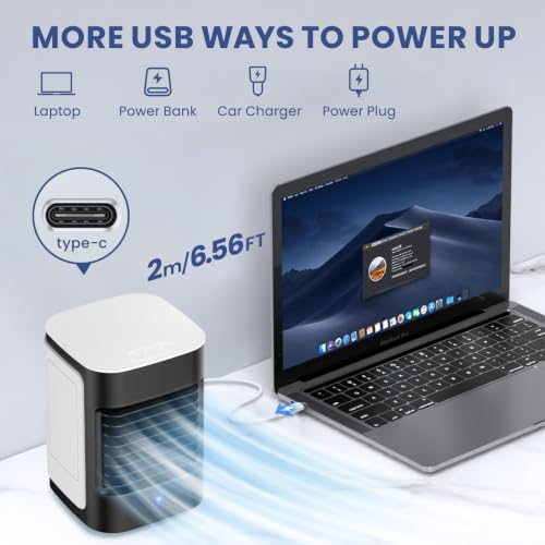 Image of Portable Air Conditioners, 3-IN-1 Mini Evaporative Air Cooler | Top-fill Tank, 3 Speeds&3 Modes, 7H Cooling, 90 Oscillation, 7 Color Lights, Type-C Powered, Whisper-Quiet for Bedroom, Desk