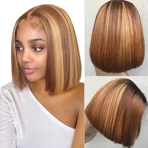 Mysyty Highlight Bob Wig Human Hair P4/27 Color 13x4 HD Lace Front Wigs Human Hair Pre Plucked Hairline for Women Blonde Highlight Bob Wigs 180% Density 12 Inch