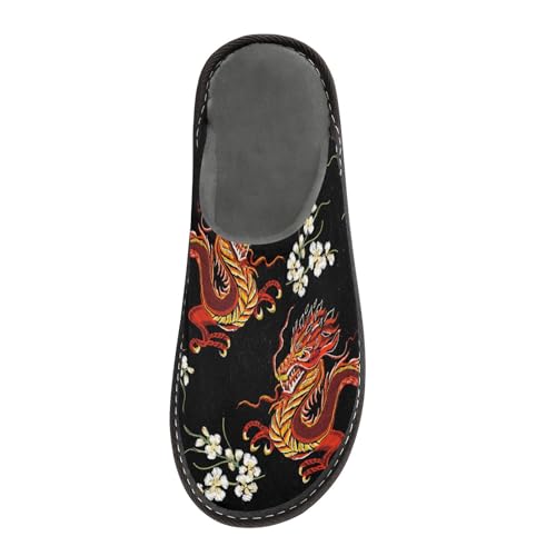ALAZA Chinese Japanese Dragon Flower White Fuzzy Slippers for Women Men Warm Soft Lightweight Memory Foam House Slippers 9-103