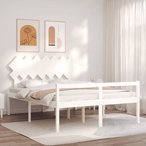 QUAHEAS Cama para personas mayores de 140 x 200 cm, color blanco, madera maciza de pino, con cabecero, altura del asiento de 45 cm, espacio de almacenamiento, somier de láminas de madera contrachapada