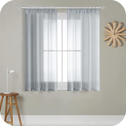 MRTREES Curtains Grey Transparent for Rail System 170 cm Long Curtains Living Room 140 cm Wide Short with Hooks for Living Room Bedroom Kitchen Teenager's Room Boy and Store, Set of 2