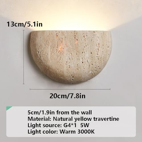 Image of Semi Circle Yellow Travertine Wall Lamp Japanese Style Wabi-Sabi Art Lighting Fixture Half Moon Marble Wall Sconce Natural Stone Bedside Wall Light For Foyer Bedroom Stairs