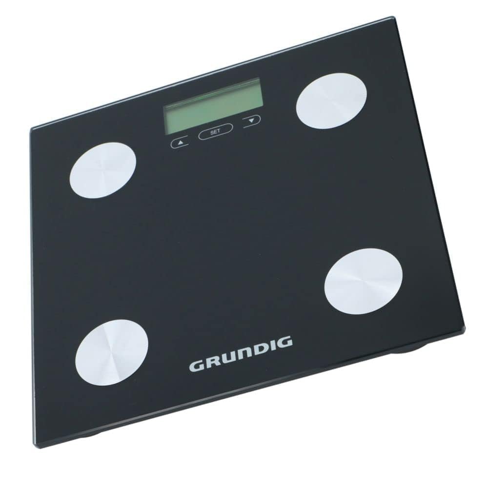 Grundig Waage Personenwaage - Digital - mit Körperanalyse: Körperfett und Muskelmasse - Speicher für 12 Personen - Max 180 Kg - Glas - Schwarz