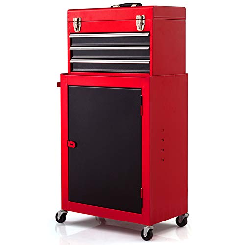 New Arrivals Goplus Compact Tool Chest, 2PC Rolling Storage Tool Boxes w/ Wheels and Sliding Drawers, Metal Tools Organize Cabinet, Red