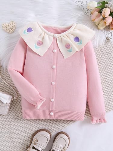 Button Down Knit Sweater with Tulip Collar – Soft Cardigan Style with Decorative Petal Embroidery2