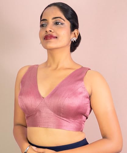 Image of FIGURE'S DESIGNER Women's Dupion Raw Silk Sleeveless V Neck Sabyasachi Cut Readymade Saree Blouse Padded Stitched S4