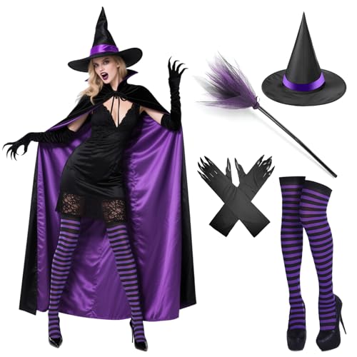 Mprocen Fantasia de bruxa roxa com capuz, chapéu, luvas, vassoura, meias, fantasia de Halloween exclusiva para mulheres, jovens, edição mística