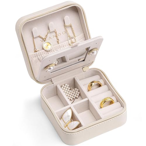 Vlando Bridesmaid Gifts - Small Travel Jewelry Box Organizer - Wedding Gifts for Girls Women Rings Earrings Necklaces Storage with Mirror - Milky White Beige S 1