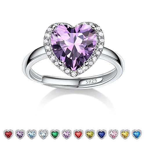 Bestyle 925 Sterling Silver Heart Crytsal Cubic Zirconia Rings | Classic Silver February Amethyst Crystal Birthstone Rings for Women, Great Birthday Gift for Daughter/Wife/Mom/Grandma