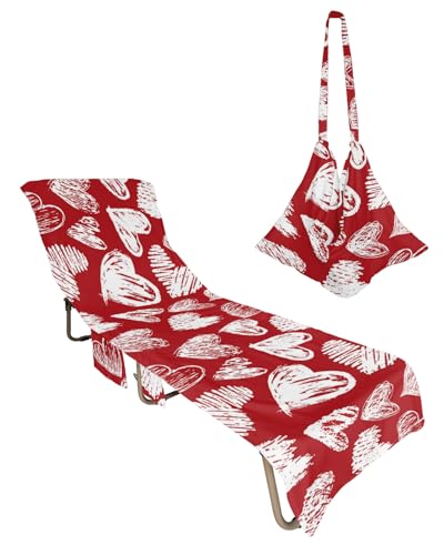 Red Love Heart Valentines Day Beach Lounge Chair Towel Cover, Soft Chaise Lounge Towel with Side Pockets Patio Pool Chairs Cover for Beach/Pool Sunbathing 29x85 Love Heart White