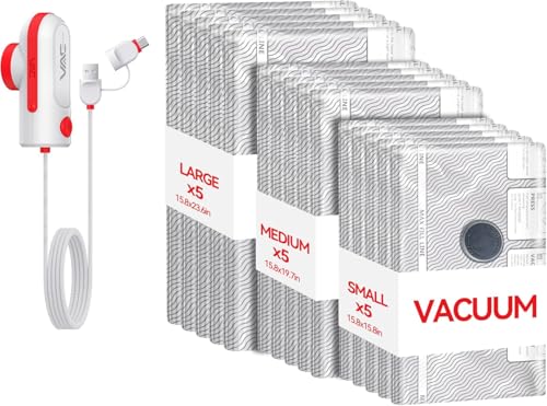 VACKFOX Sacs sous Vide Voyage avec Pompe USB & TYPE C,Sacs Voyage sous Vide,15 Pack Sacs Rangement sous Vide Taille Cabine Bagages Valises,Gain de Place...