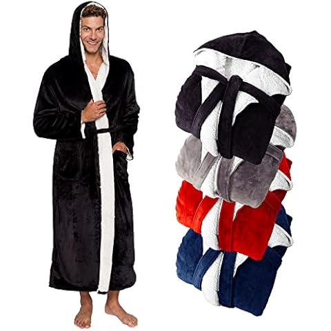Ross Michaels Mens Robe Big & Tall Sherpa Lined Hooded Robe - Long Plush Fleece Bathrobe (Black, Small/Medium) Cover