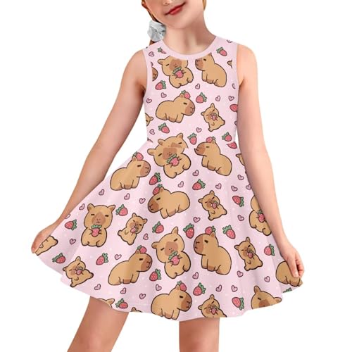 Girls Crewneck Sleeveless Dress Dino Print Summer A-line Flowy Elastic Swing Sundress Age 3-16 Years
