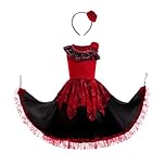 Lito Angels Girls' Spanish Flamenco Red Black Maxi Dress Kids Dance Costume with Hair Loop for Carnival Festivals Shows Age 10-11 Years