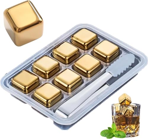 8 Stück Eiswürfel Edelstahl, Golden Whiskey Ice Cubes, Whisky Eiswürfel Wiederverwendbar, mit Kieselgel Eisclip, für Whisky, Wodka, Likör, Wein, Getränkesaft