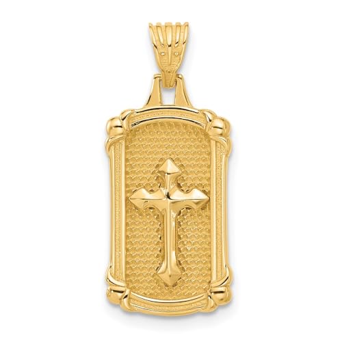 Dewberry 14k Solid Yellow Gold Polished and Textured Unisex Dog Tag Religious Jewelry Cross Pendant (Weight : 2.67 GM, Length : 25.3 MM, Width : 11.3 MM)