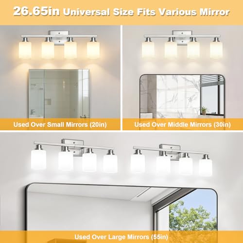 Image of Unicozin 4-Light Bathroom Light Fixtures, Modern Brushed Nickel Vanity Light Over Mirror, Wall Sconces with Milky White Glass Shades for Living Room Bedroom Hallway E26 Base