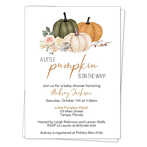Pumpkin Baby Shower Invitations Floral Autumn Fall Pumpkins Sprinkle Sage Olive Green Orange Floral Customize Personalize Printed Cards (12 count)
