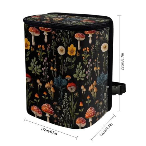 Image of Mushroom Floral Print Car Trash Can with Lid Organizer Multipurpose Trash Bin Decoration for Women Universal for Cars,Sedans, SUVs & Trucks