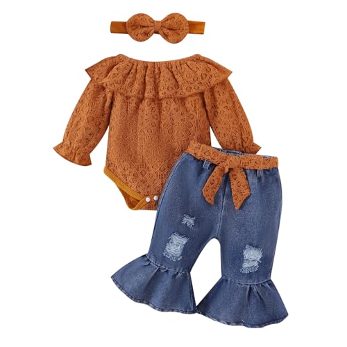 Image of FOCUTEBB Baby Girl Clothes Lace Off Shoulder Romper Flare Jeans Pants Headband and Belt 4pcs Outfit 3-24 Months