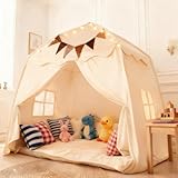 Kinderzelt Indoor mit Sternen Lichterkette und bunten Flaggen – großes Zelt Kinderzimmer Kinder-Zelt (142 × 90 × 152 cm) für Indoor & Outdoor, Spielhaus für Jungen und Mädchen, Lese Ecke & Rollenspiel