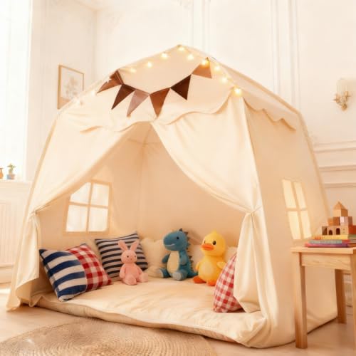 Kimglurs Kids Play Tent with Star Lights and Flags Indoor Outdoor Playhouse for Boys and Girls Large Foldable Castle Tent for Imaginative Play and Reading 56 x 35 x 60 Inch