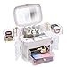 XYZMDJ Organizador de maquillaje con espejo de luz LED de gran capacidad, organizador de cosméticos para el cuidado de la piel, caja de almacenamiento de cosméticos