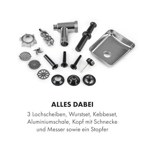 Foto von Klarstein Kraftprotz - elektrischer Fleischwolf, Leistung: 700 Watt, Blockierleistung: 1800 Watt, Kupfermotor, 2 Geschwindigkeiten & Rücklauf, Aluminium-Schale, Edelstahlmesser, schwarz/silber