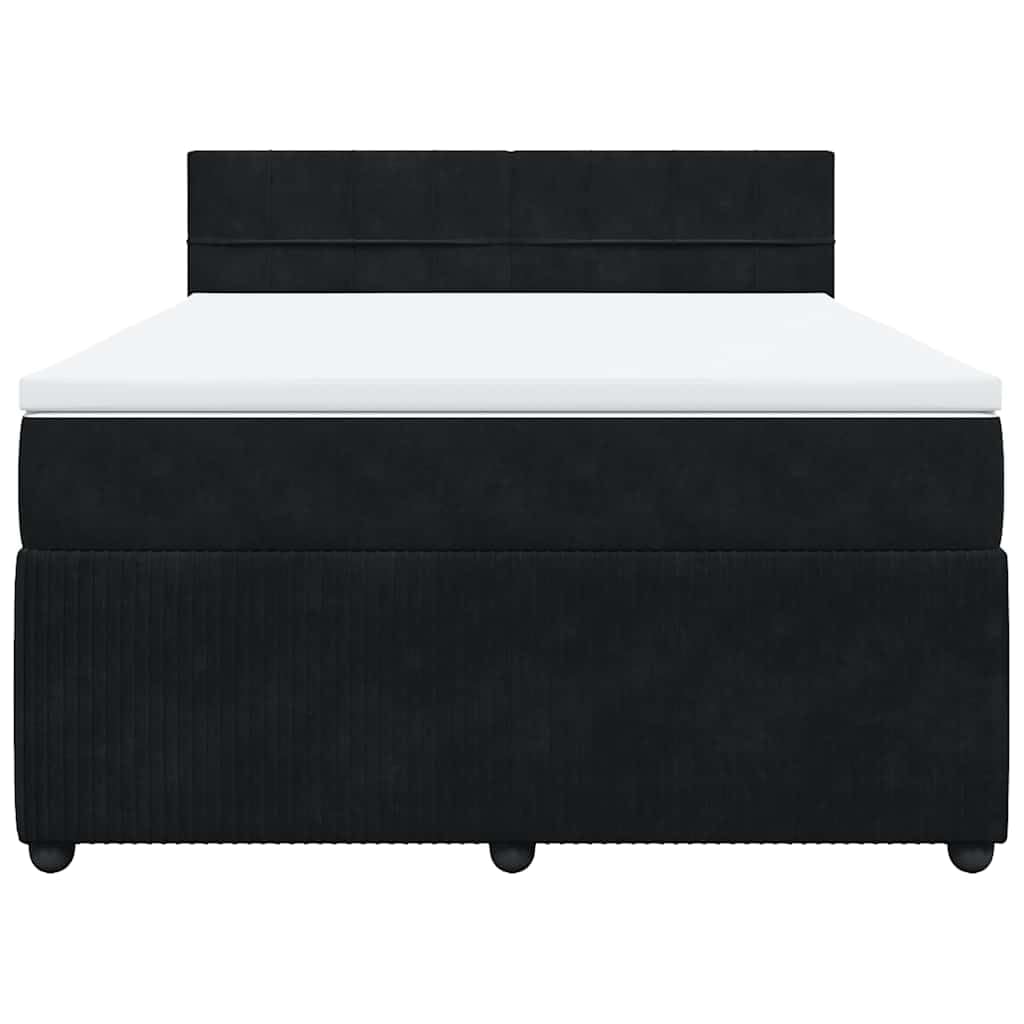Aksamitne łóżko sprężynowe Upholstered Box z mattressą, czarne, 140 x 200 cm, Medium Firm Pocket Spring Mattress & Washable Topper, solidne nogi z drewna sosnowego dla optymalnego wsparcia