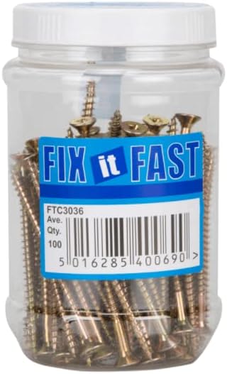 Hardware Solutions - Chipboard Screws - Pozi Head - Yellow Zinc Plated - 5.0 x 75mm - Pack 100 - Reusable Jar