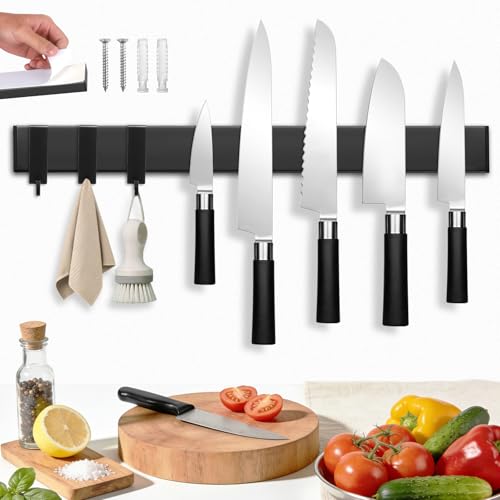 Magnetic Knife Holder for Wall with 3 Hooks, No Drilling