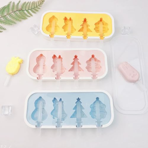 Image of 4 Christmas Theme Cavity Non-Stick Silicone Ice Cream Mould with Lid & 6 Plastic Sticks Reusable Ice Lolly, Frozen Candy, Kulfi Molds, BPA-Free Stackable DIY Icecream Popsicle Maker (Multicolor)