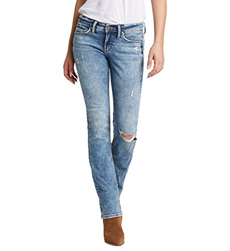 Silver Jeans Co. Women's Suki Curvy Fit Mid Rise Slim Bootcut Jean, Indigo Destructed Cloud Wash, 29W x 33L