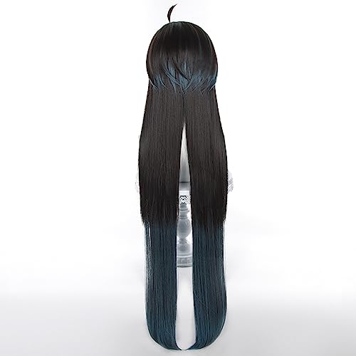 Image of Anime Black Blue mixed Red Wigs Men Long Straight Wig with Ahoge Bangs Layered Haircut Adult Game Dragon Lunae Cosplay Wigs Halloween,Christmas,Comic con,Game Show,Party