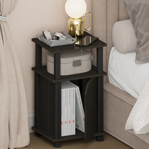 Image of Furinno JUST Night Stand, 3-Tier Nightstand with Door Cabinet, Side Table, End Table with Open Shelf, for Living Room, Bedroom, Espresso