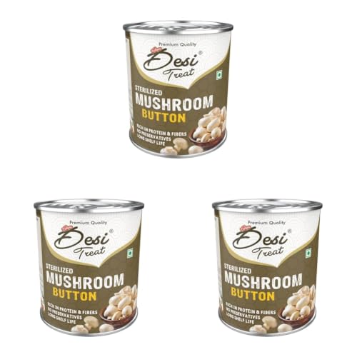 Image of Desi Treat Button Mushroom | Freshly Preserved Whole Mushrooms in Brine | Ready to Cook for Indian Curries | Vegetarian Pantry Essential (825 g) (Pack of 3)