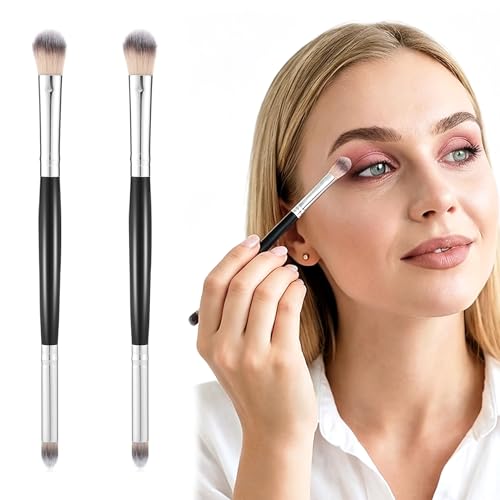 KIMHOME Juego de 2 brochas para sombra de ojos, brochas de maquillaje de doble cabeza para corrector, resaltador y polvo suelto, herramientas profesionales de maquillaje de ojos
