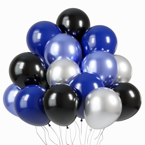 Image of KBZVNAF Black Blue Silver Latex Balloons - 60 Pack 12 inch Royal Blue Black Metallic Blue Silver Party Balloons for Birthday, Baby Shower, Graduation Party Decorations