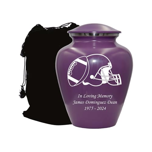 Football Cremation Urn, Customized Human Adult Funeral Urn, Personalized with Velvet Bag (Purple, Large)