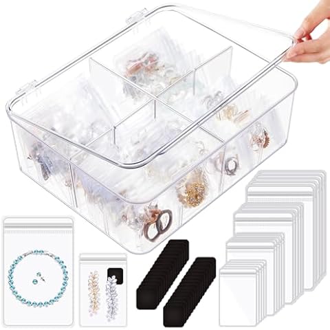 Kenning 116 Pcs Large Acrylic Jewelry Box Organizer Set, Clear Jewelry Organizer Holder with 90 Portable Anti Tarnish Jewelry Bags, Anti Tarnish Strips for Packaging Rings Earrings Necklaces Women Cover
