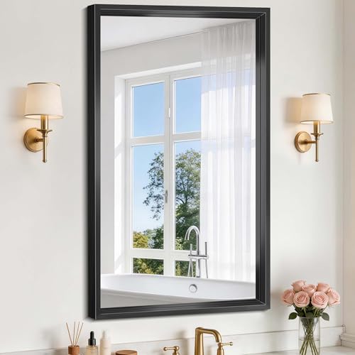 Image of Bathroom Mirror, 20 x 36 inch Brushed Black Rectangle Mirror, 0.6 inch Thickened Deep Metal Frame Rectangular Vanity Mirror, Wall Mounted Mirror for Bedroom Living Room, Horizontal or Vertical