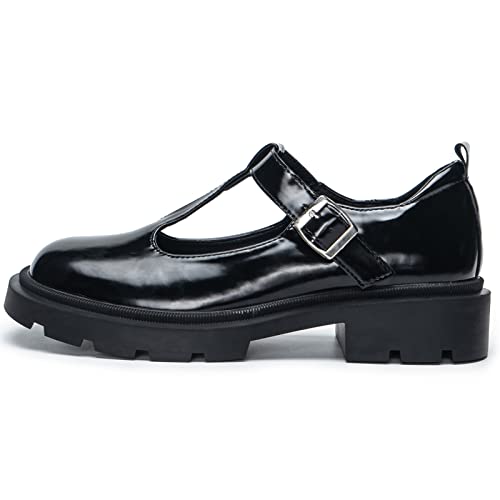 Youngshow Mary Jane Shoes Women Platform Square Toe Chunky Heel T-Strap Lolita Shoes Uniform Dress Shoes For Women Low Heel Pumps Black #TOP2