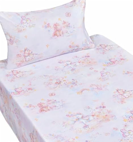 Image of Scientific Sleep Pastel Unicorn Pony Horse Flower Fairy Tale Cute Adorable Colourful 100% Cotton Bed Sheet Set Kids Girls Junior, Flat Sheet & Fitted Sheet & Pillowcase Bedding Set (Pretty Pony, Twin)