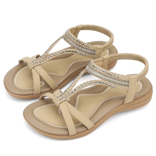 Image of UBFEN Womens Bohemian Flat Sandals With Back Strap Summer Beach Comfortable Bling