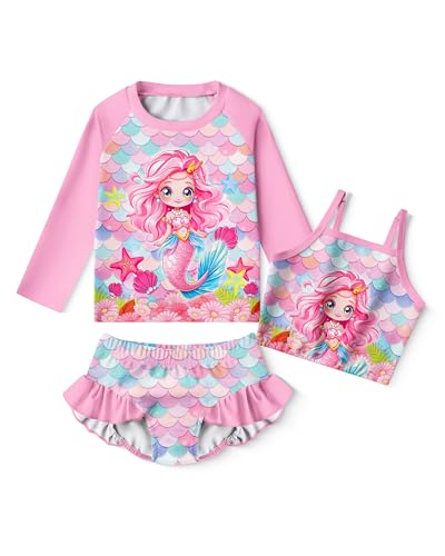 Image of LQSZ Girls Rash Guard Sets Long Sleeves Swimsuit 3 Pieces Tankini Bathing Suit Swimwear for Girls 3-12 Years