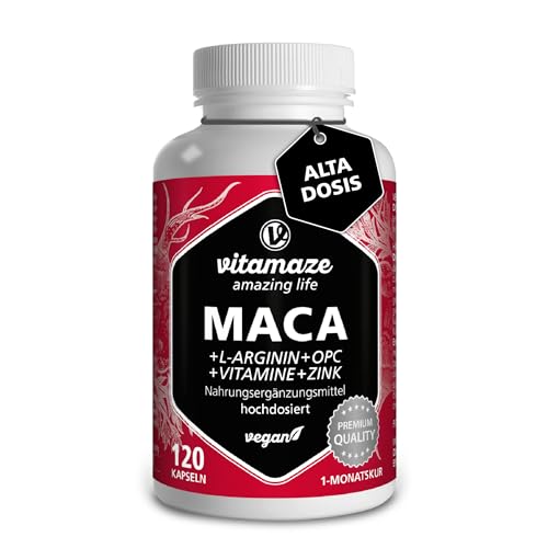 Maca Pura en Cápsulas, Altamente Concentrada con 5000 mg + L-Arginina + Vitamina B6, B12 + OPC + Zinc, 120 Cápsulas de Maca Andina para 1 Mes, sin Aditivos Innecesarios, Calidad Alemana
